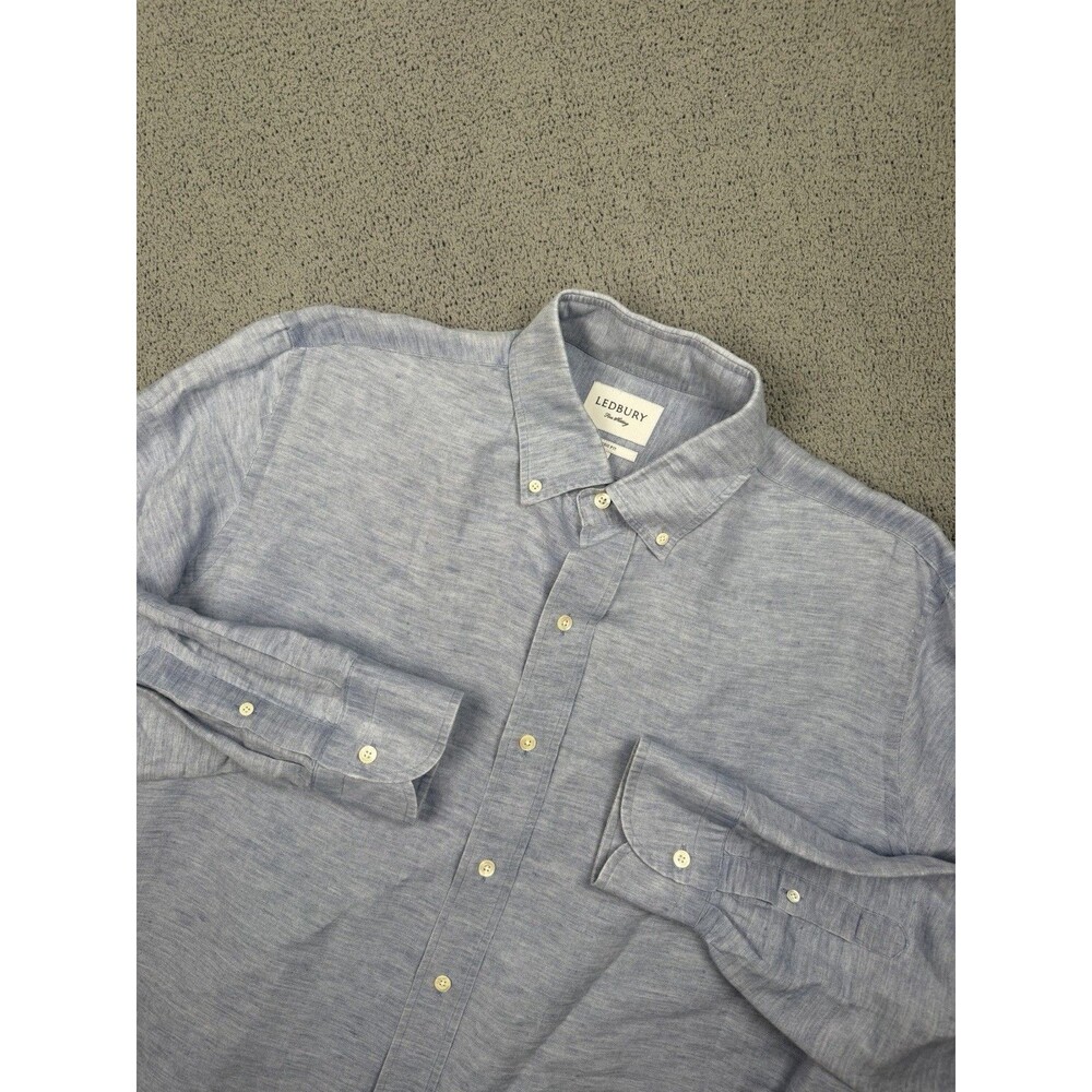 Ledbury Shirt Mens XL Blue Classic Fit Linen Long Sleeve Casual Button Down